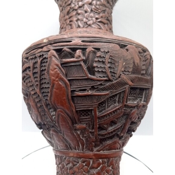 Chinese Cinnabar Vase Carved Super Rare Piece Antique 8 1/2" Tall - Picture 15 of 16